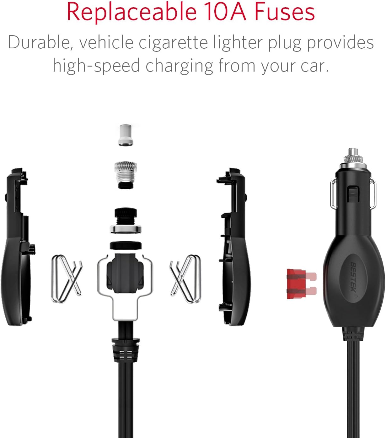 Exploded view diagram showing how to replace the 10A fuse in the BESTEK Cigarette Lighter Splitter's main plug