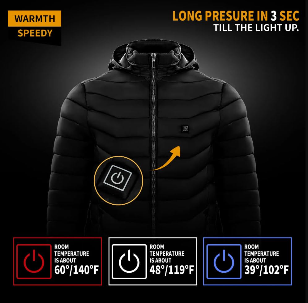 5th Gen 8 Zone Heated Down Jacket | Black Blue Red | 3 Heat Settings 102F 119F 140F | Waterproof, Windproof, Machine Washable