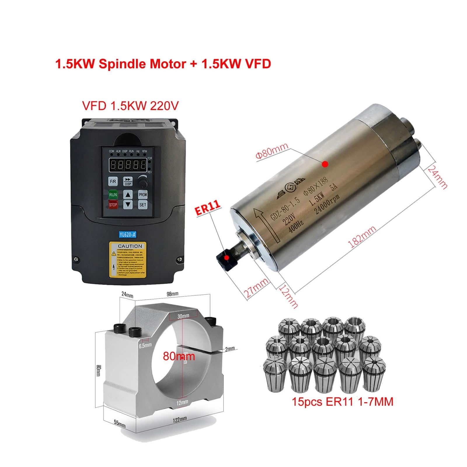 Zestaw silnika wrzeciona CNC CNC 2.2KW 1.5KW przetwornica częstotliwości VFD o zmiennej 800W 1500W 2200W silnik wrzeciona ER11 ER20 uchwyt(VFD 2.2KW-1.5KW Moto)