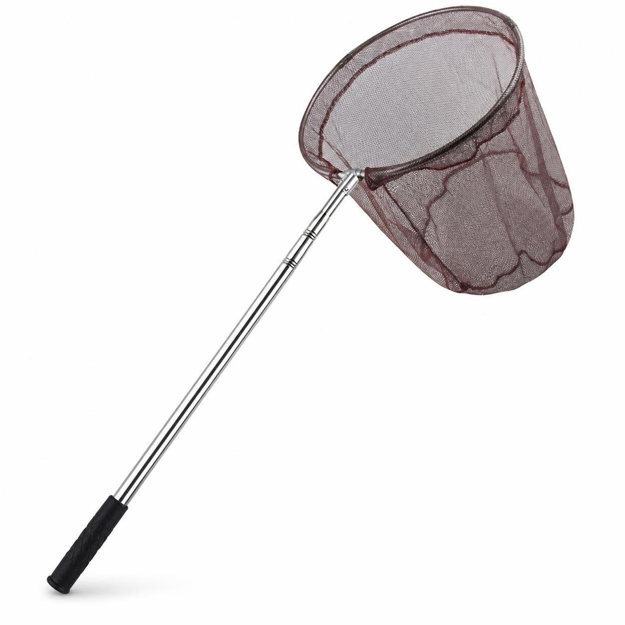 Épuisette pêche télescopique, Filet pêche compacte et Pliable avec Manche télescopique en Acier Inoxydable et Fine, Marron, Maille Fine approfondie, 40cm, Longueur Totale 2,5 mètres