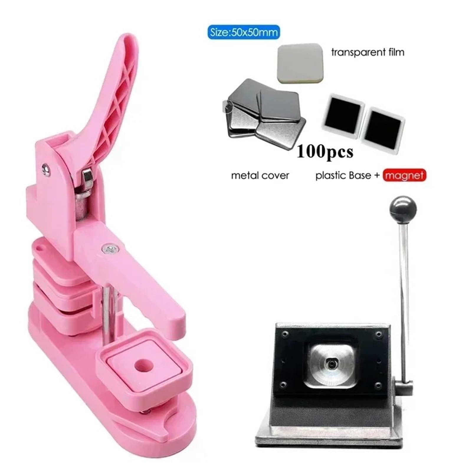 Badges Machine Zestaw maszyn do produkcji kwadratowych magnesów na lodówkę 50x50mm Maszyna i nóż oraz 100 zestawów materiałów eksploatacyjnych Photo Magnet Machine(Pink Set)
