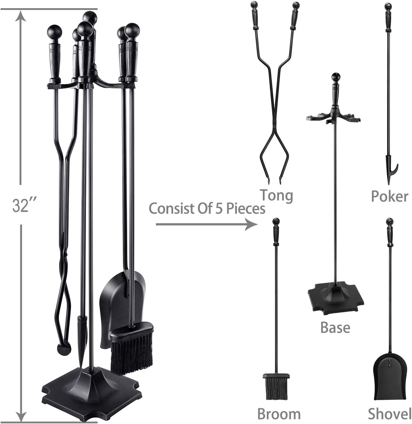 Exclusive Discount 80% Offer WBHome Fireplace Tools Set 5 Pieces Wrought Iron Fireset Fire Pit Poker Wood Stove Log Tongs Holder Fireplace Tool Set With Pedestal Place, 32 Inch (Black All) Get Special Price WBHome Fireplace Tools Set 5 Pieces Wrought Iron Fireset Fire Pit Poker Wood Stove Log Tongs Holder Fireplace Tool Set With Pedestal Place, 32 Inch (Black All)