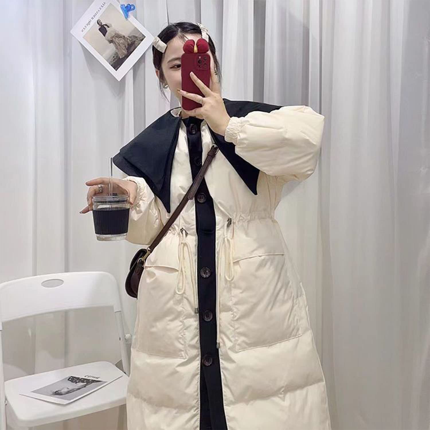 Doudoune Col de Poupée Grande Poche Veste Rembourrée Mi-Longue Outwear Hiver Épaissir Manteau Bouffant pour Femmes Dames,White,M(60