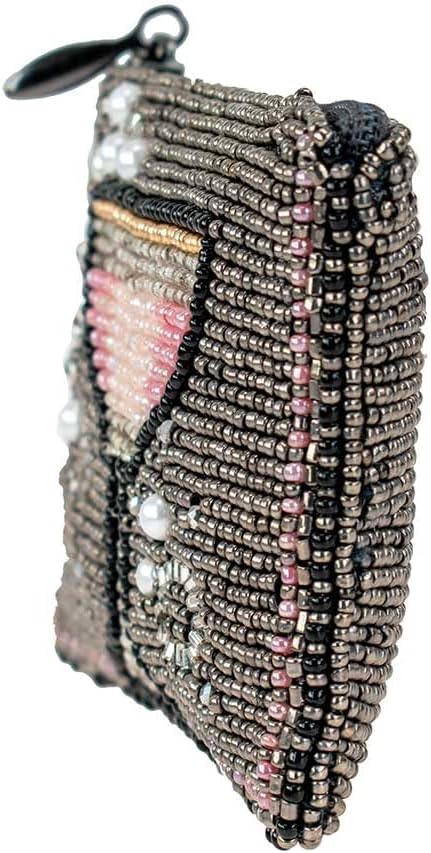 Mary Frances Pink Champagne Beaded Coin Purse Keychain Accessory Mini Bag Charm with Key Ring, Pewter