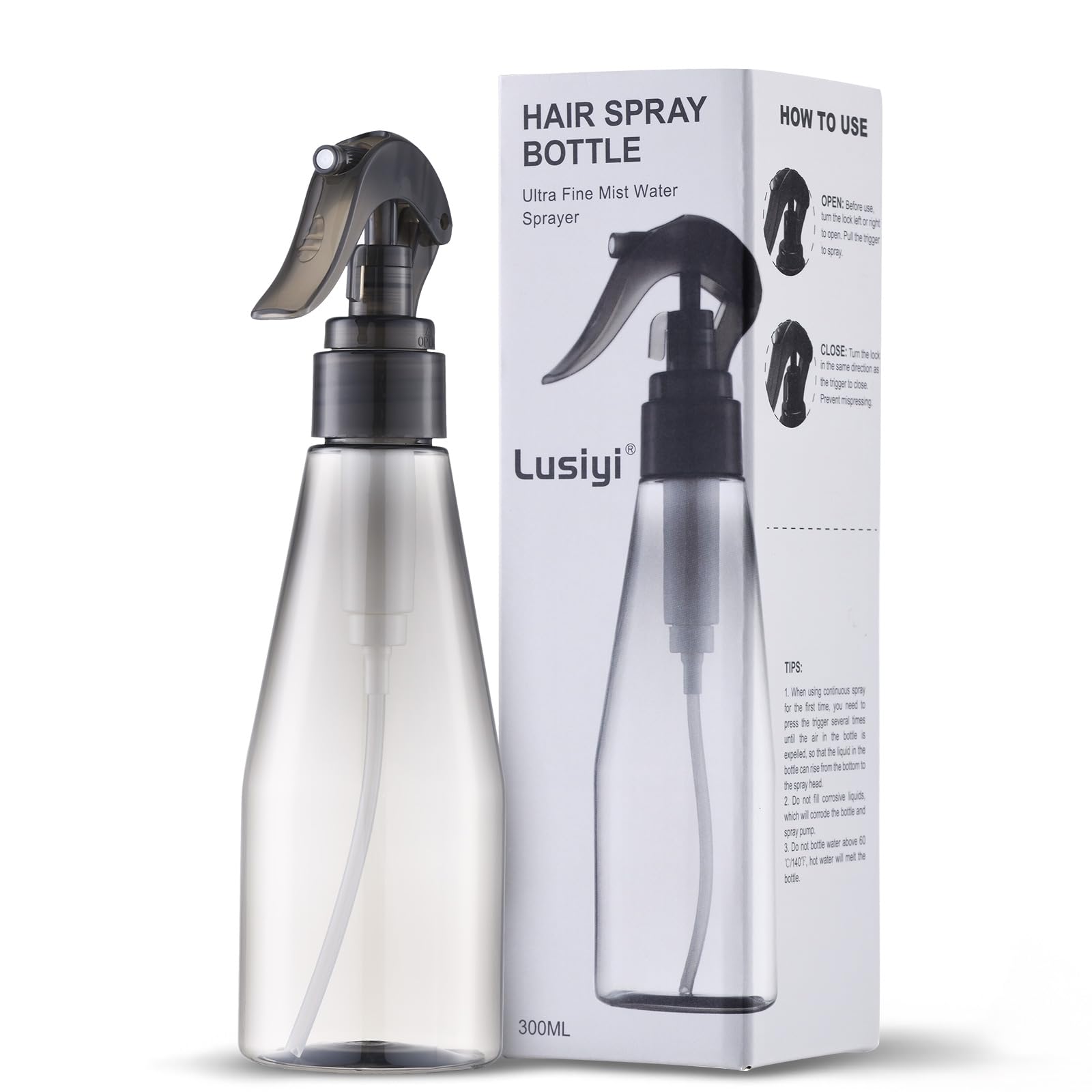 Lusiyi Continuous Spray Bottle for Hair 10oz, Ultra Fine Water Spray Bottles for Cleaning, Plant, Pets (Plastic, 300ml)