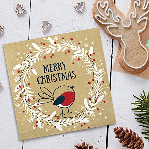 Christmas Napkins Paper Cute, Festive Wreath & Bird Print/Brown Recycled Napkins Decorative Disposable Holiday Dinner, Lunch/Luncheon, Buffet Brunch Rustic Xmas Party Decor – Image 5