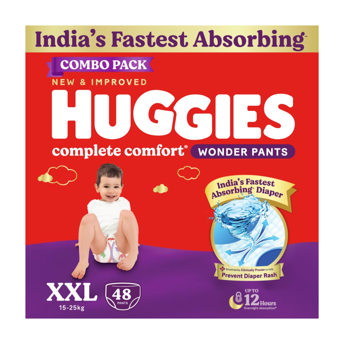 Huggies Complete Comfort Wonder Pants | Pant Style Baby Diapers Double Extra Large Size, 48 Count | India's Fastest Absorbing Diaper, Prevents Diaper Rash, Ideal for 15 to 25 Kgs (24 Count, Pack of 2)