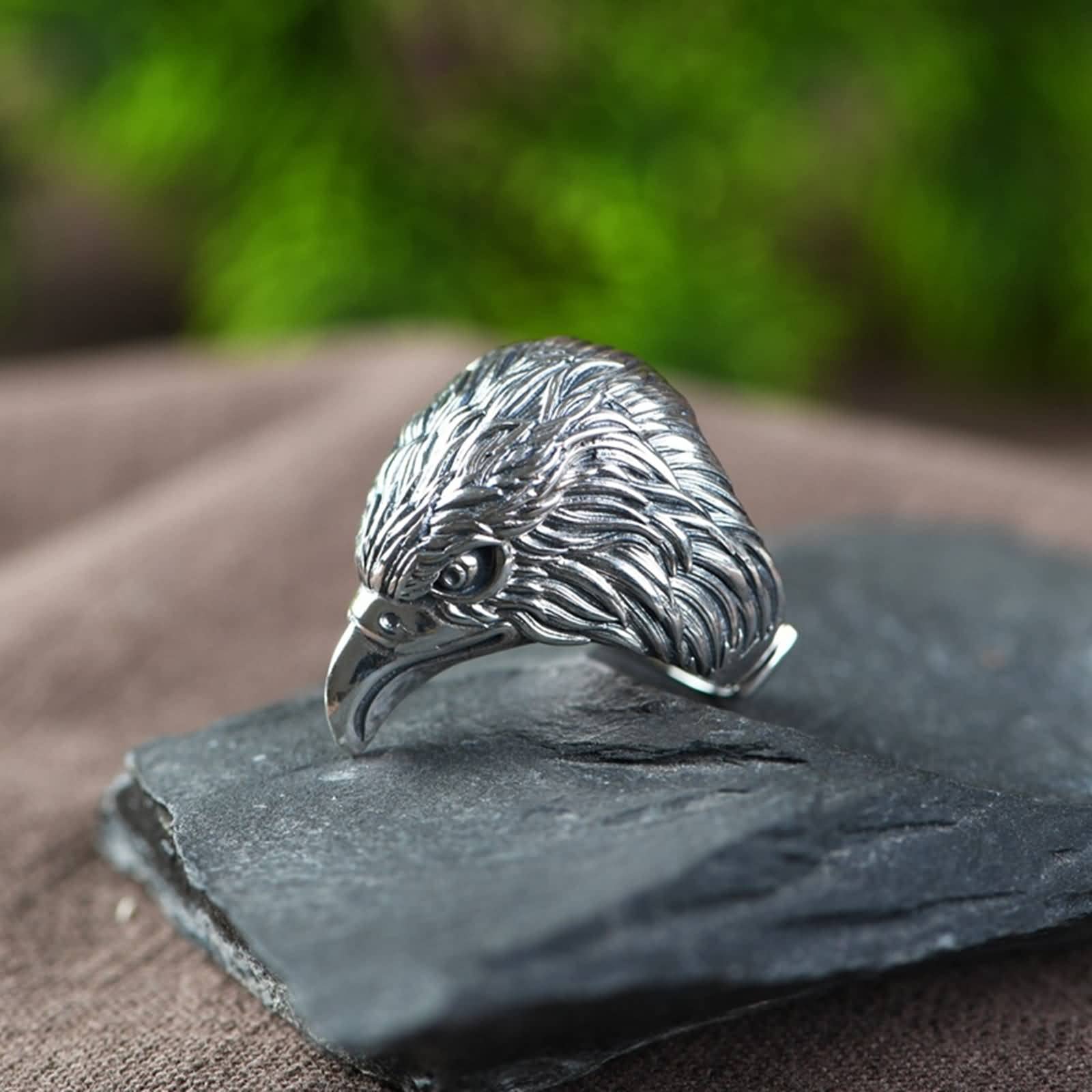 Anillos de compromiso para hombre, plata de ley 925 con águila hip hop de plata de ley 925, tamaño ajustable