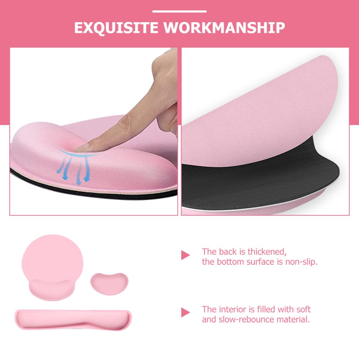 Mauspad 3-in-1 Satz mit Memory Schaum und Gummi, Rosa | Ergonomische Bogenform, Rutschfeste Unterseite, Präzise Positionierung für Laptop, Lernen und Lange Nutzung