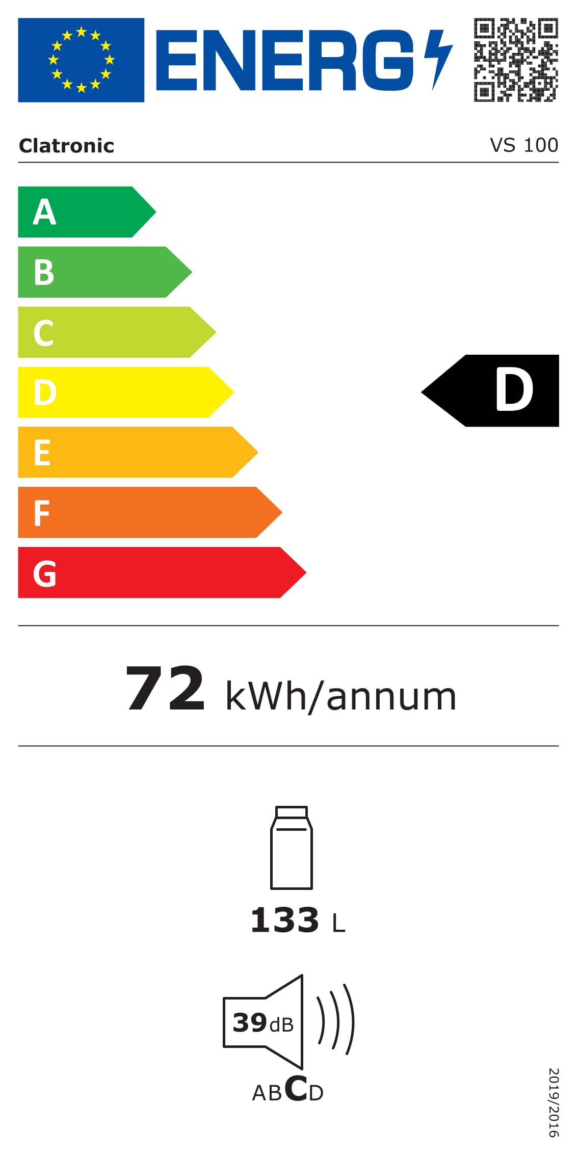 Clatronic Kühlschrank ohne Gefrierfach 84,5cm 133L Energieklasse D leise 39dB Türanschlag wechselbar VS 100 weiß