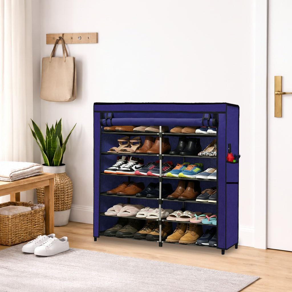 Space-Saving Shoe Organizer, 12-Tier Covered Shoe Rack with 40+ Shoe Capacity, Dustproof Fabric Cover, Powder Coated Metal Frame & Fabric Shelves - Blue-image-38