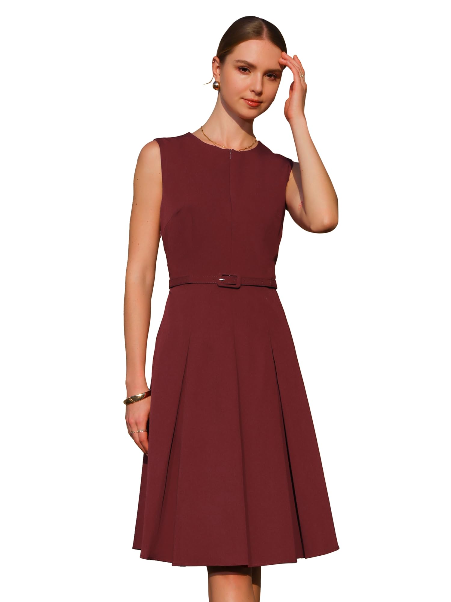 Hobemty Women's A-Line Dress Sleeveless Zip Up Office Work Flare Pleated Dresses with Belted