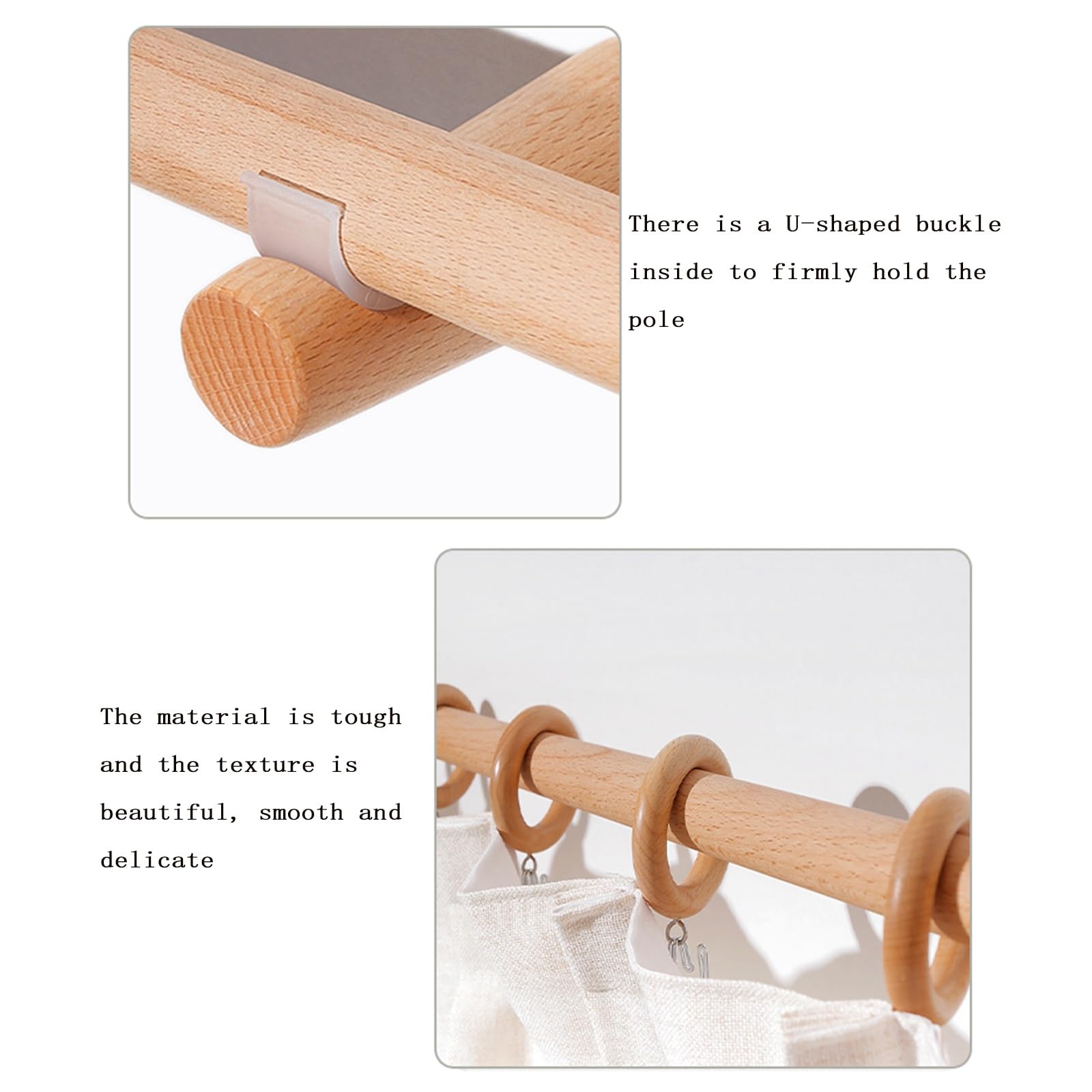 Tringle à rideau romaine en bois massif de 160 cm – Tringle simple silencieuse avec support perforé – Parfaite pour chambre à coucher et décoration d'intérieur confortable