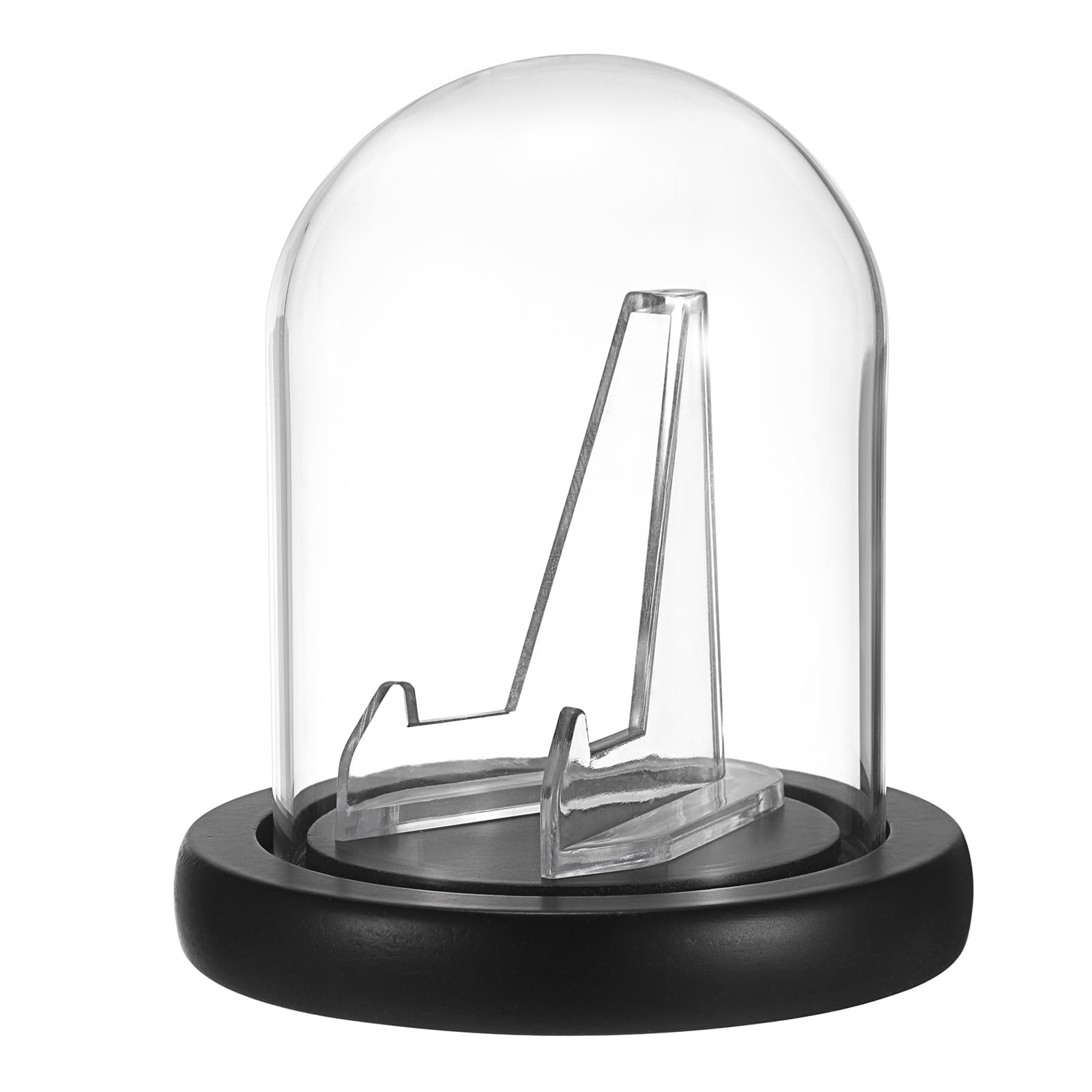 SUMNACON Cloche en verre avec chevalet en acrylique, petite montre de poche décorative transparente pour souvenirs et pièces de monnaie, mini cloche en verre avec base noire (sans montre)
