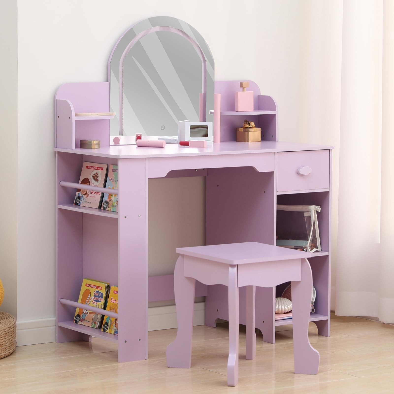 Coiffeuse Enfant avec Miroir LED, Tiroir Et Tabouret
