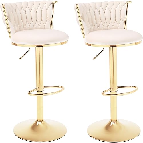 Miniatura 1 de HANLIVES Juego de 2 taburetes de bar giratorios de terciopelo tejido moderno, taburete de bar giratorio de 360 de altura ajustable con respaldo,
