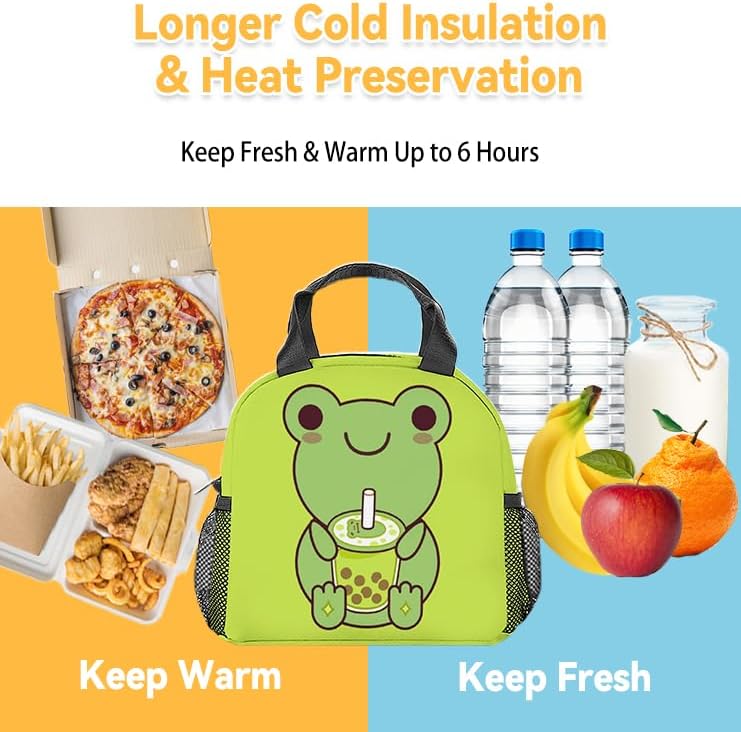 Miniatura 3 de Lonchera con diseño de rana para niños, lonchera aislada para niñas y niños, color verde, reutilizable, pequeña con correa para el hombro, para la