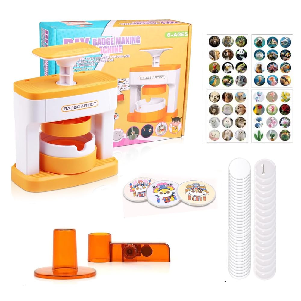 Badge Making Kit, 55mm Badge Maker Machine with 48 Button Parts, Cute Stickers, Circle Cutter, Pin Badge Maker, Button Maker Machine Kids, Fun DIY Badge Maker Pin Maker for Kids Party Gifts