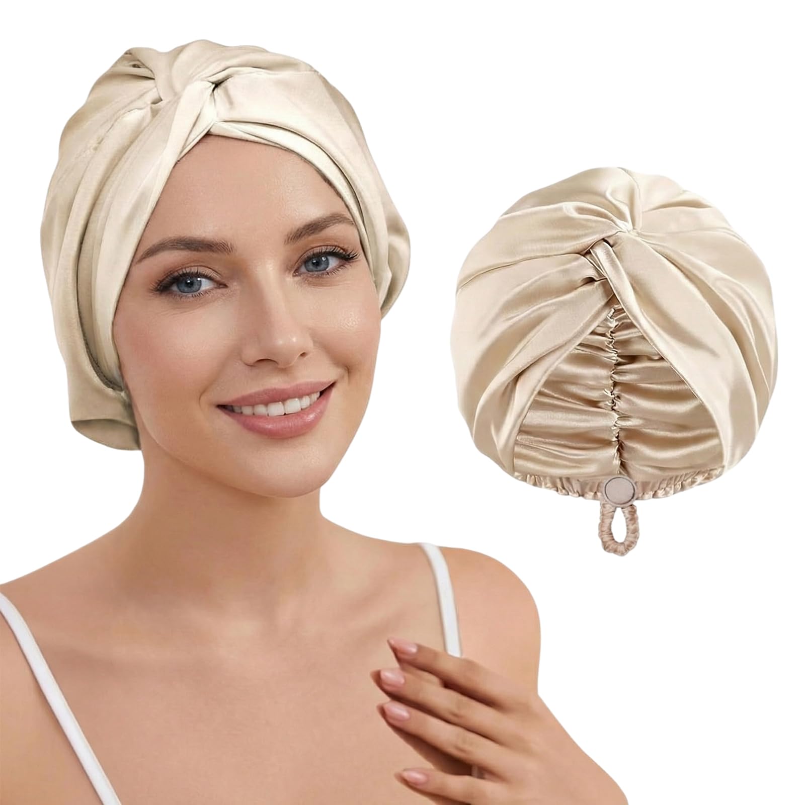 silk hood for sleeping, satin sleep cap & hair bonnet, adjustable silk hood for long hair, sleeping turban for women and men (champagne)