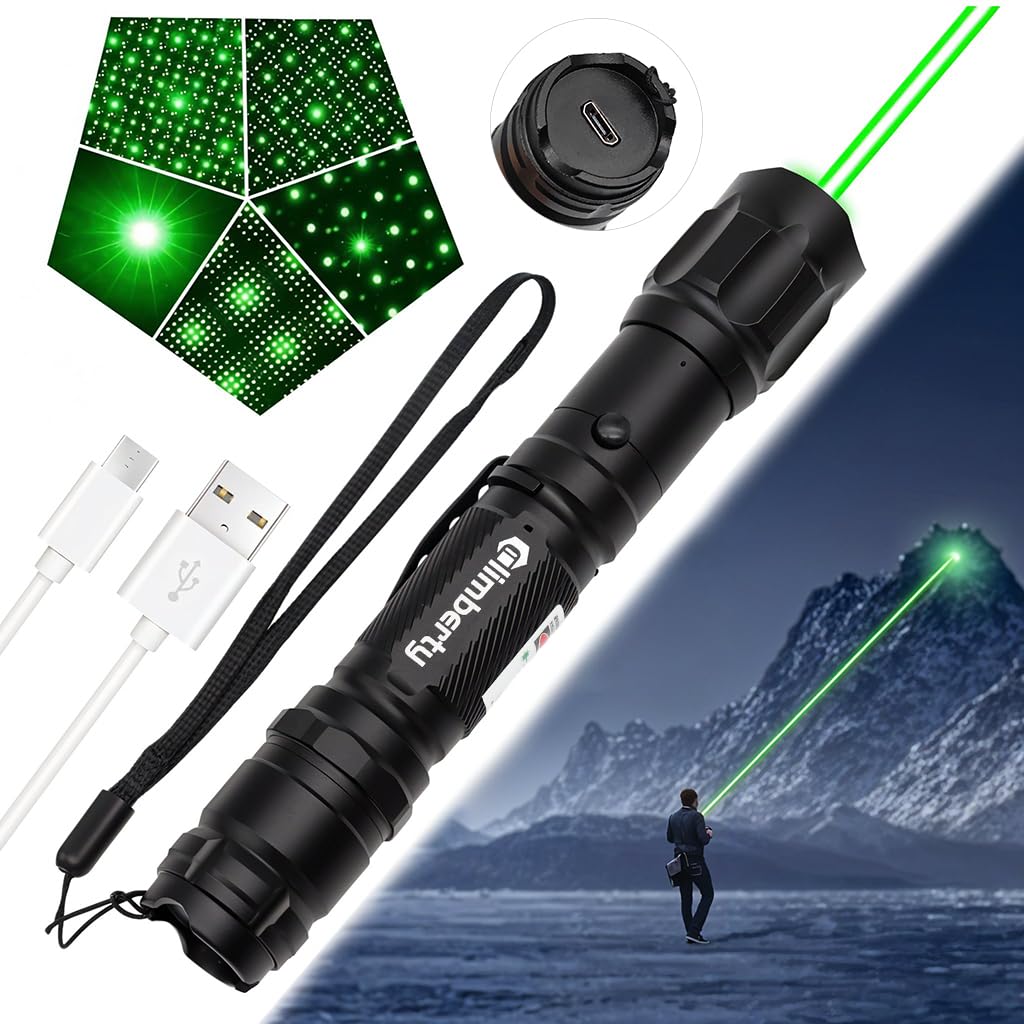 Powerful LED Green Laser Pointer, Waterproof Flashlight, 10000m Long Range, USB Rechargeable, 8 Pattern Projection Suitable for Stargazing Teaching Hiking and Construction Sites