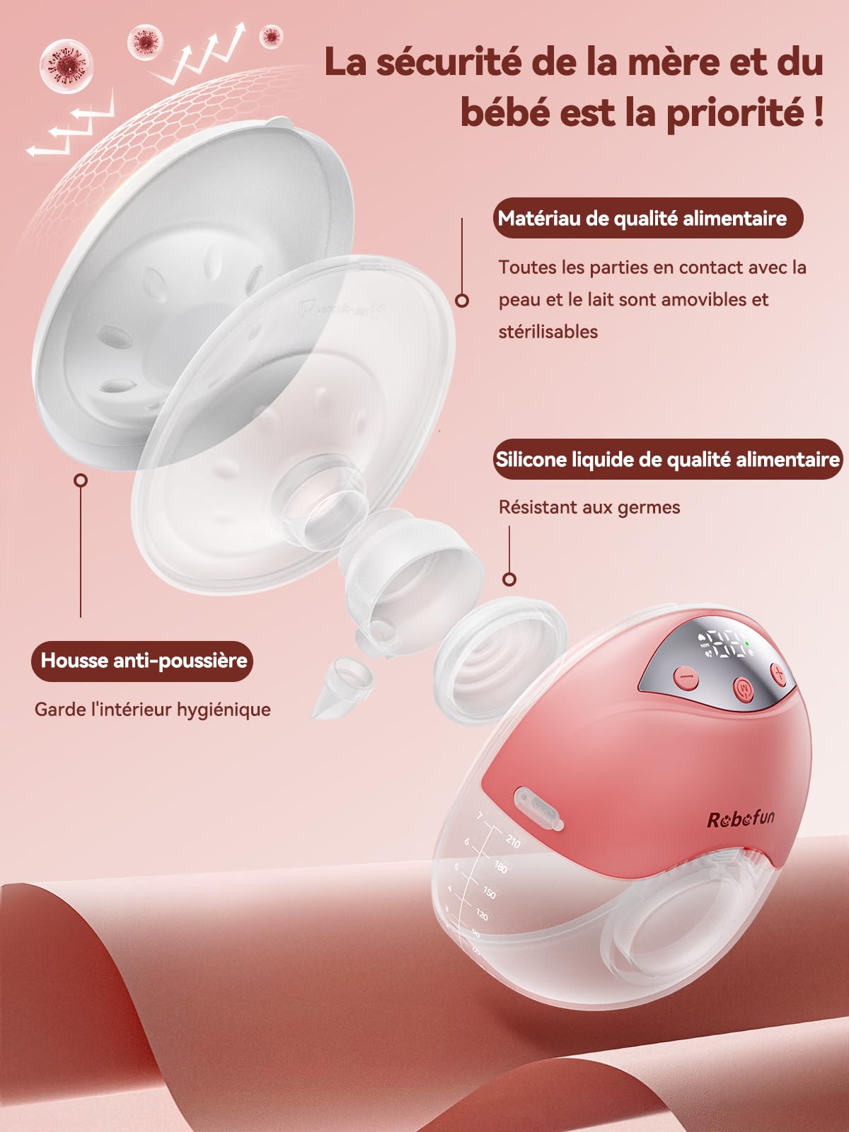 Robofun Tire Lait Electrique Main Libre, le Tire-Lait Silencieux avec 4 Modes et 12 Niveaux de Suction, Avec Couvercle Anti-Poussière, 2 Pièces Breast Pump