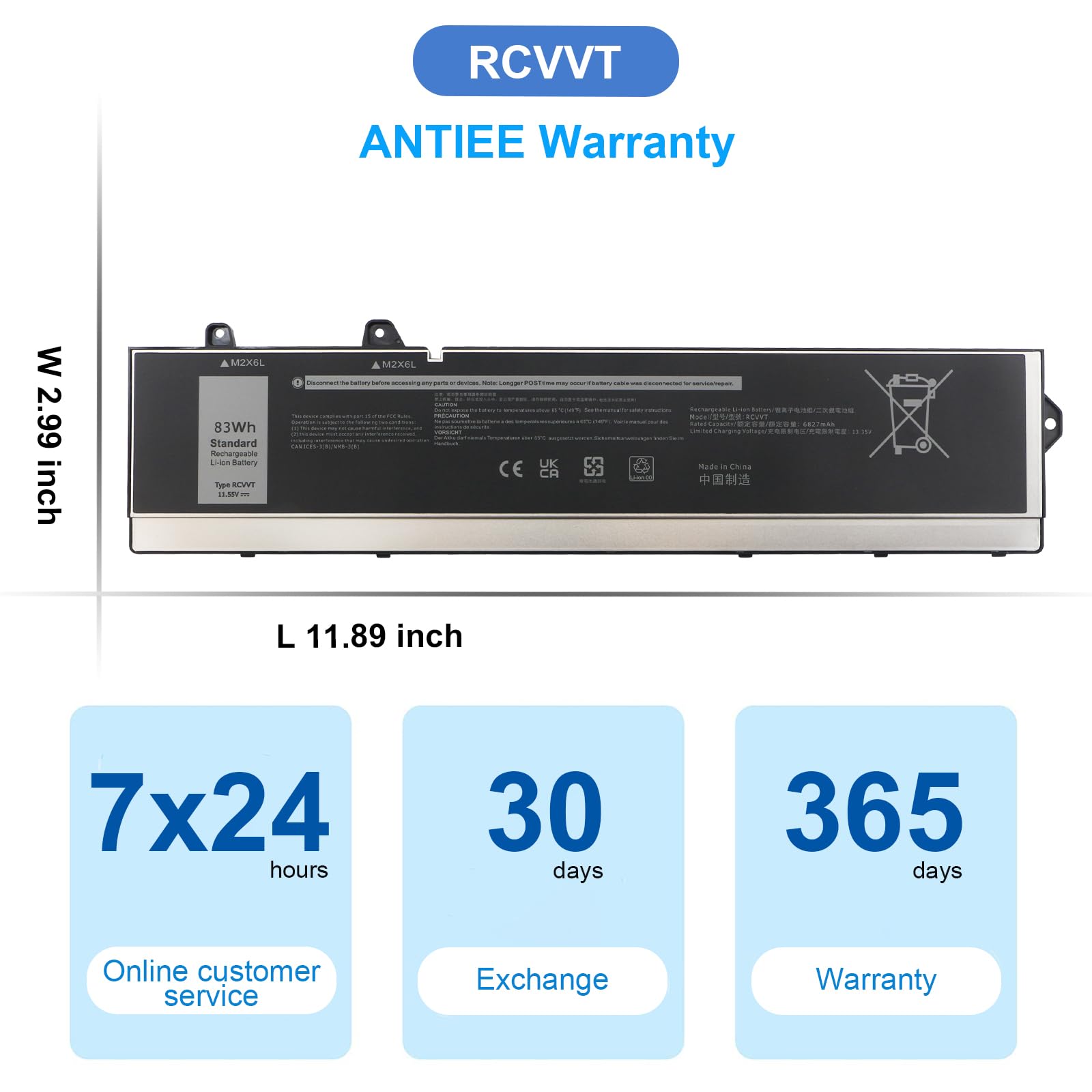 ANTIEE 83Wh RCVVT Laptop Batterie d'ordinateur portable pour Dell Precision 7670 7680 7770 7780 Series X9FTM NWDC0 X26RT T6PFX 451-BCYH 11.55V 6827mAh