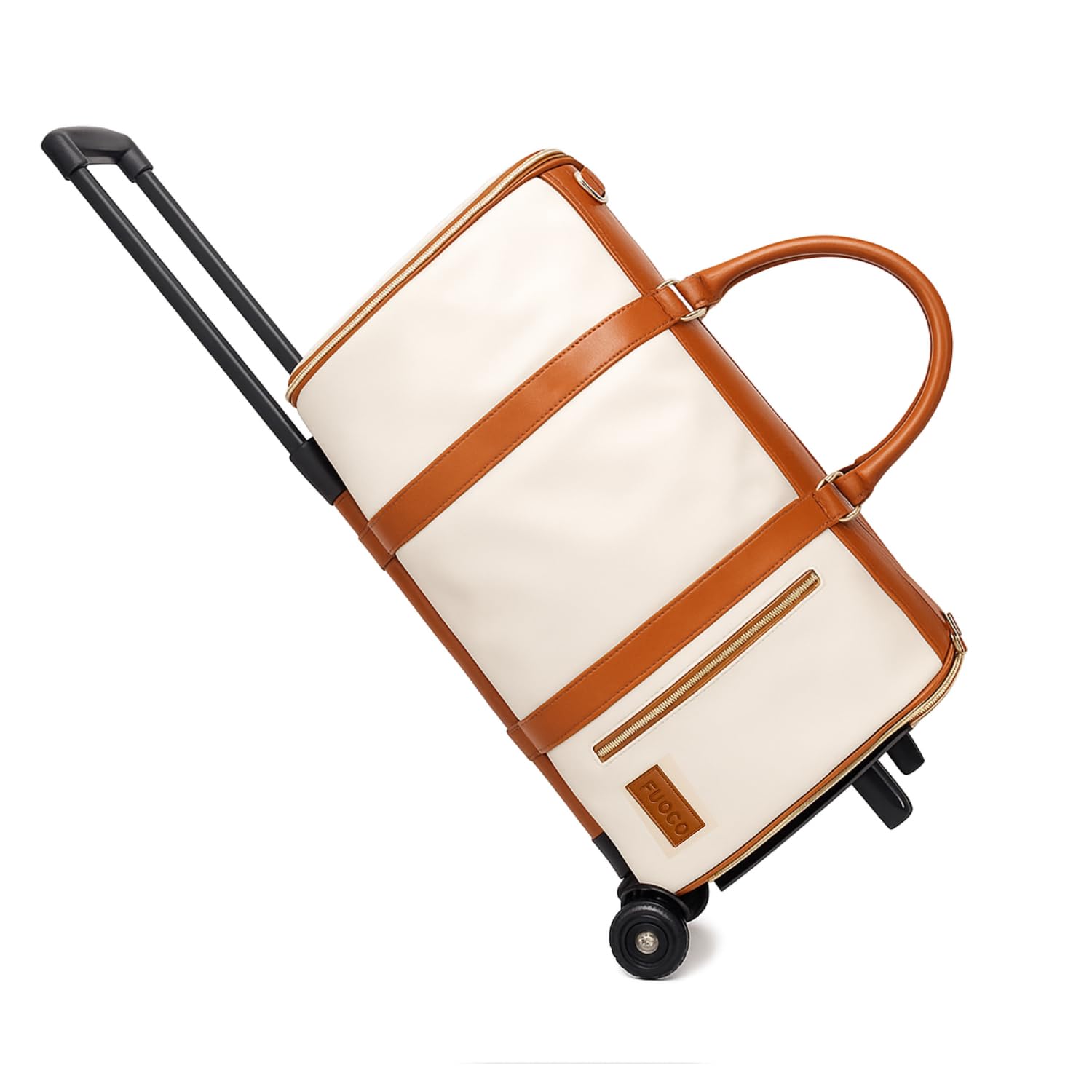 FUOCO Carry On Travel Trolley Bag, PU Leather Mega Garment Duffle Bag for Women Men, Convertible Duffle Bag for Travel, 2 in 1 Hanging Suitcase Suit Traveling Bag 1 Year Warranty (White_Tan) FUOCO Carry On Travel Trolley Bag, PU Leather Mega Garment Duffle Bag for Women Men, Convertible Duffle Bag for Travel, 2 in 1 Hanging Suitcase Suit Traveling Bag 1 Year Warranty (White_Tan)
