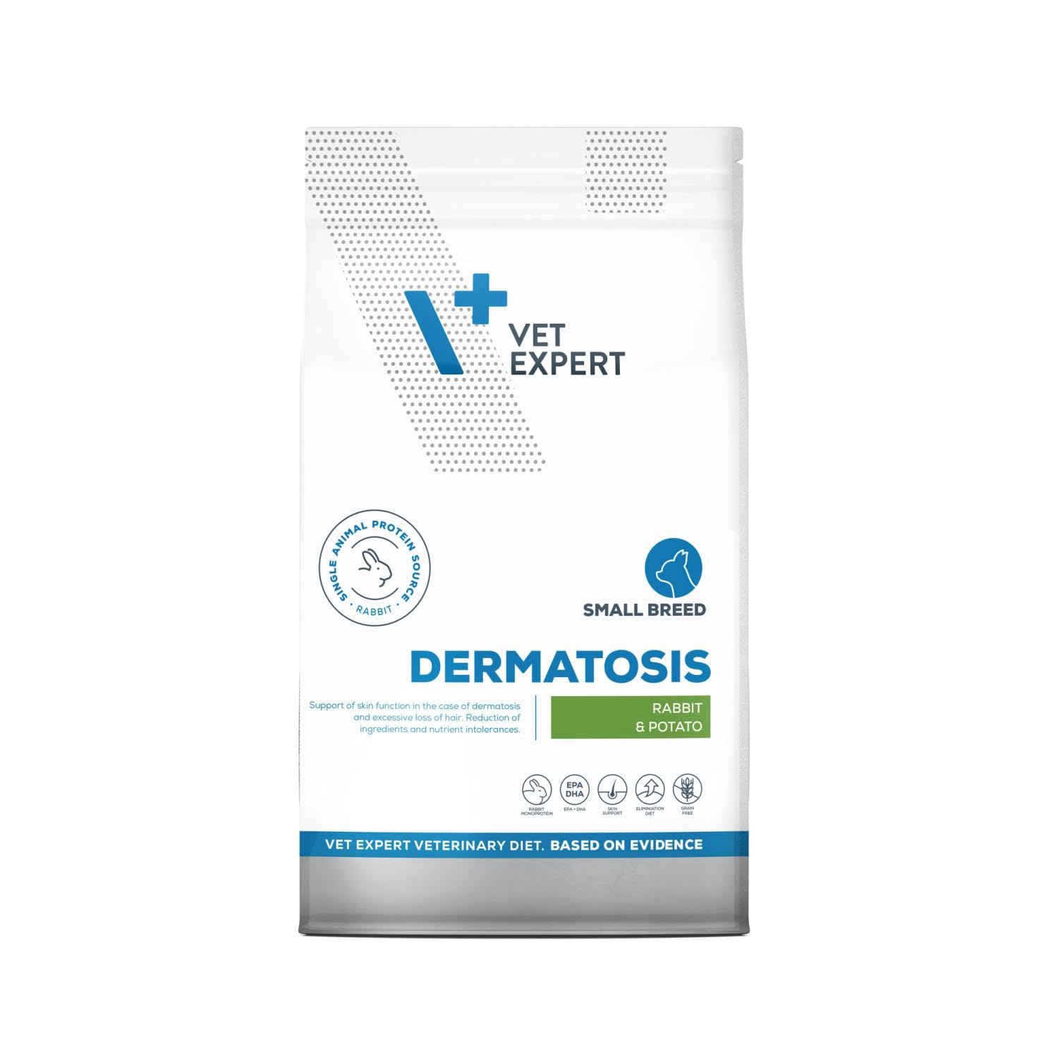 VET EXPERT DERMATOSIS RABBIT & POTATO SMALL BREED 8 kg - sucha karma weterynaryjna dla psów małych ras z problemami dermatologicznymi i nietolerancją pokarmową
