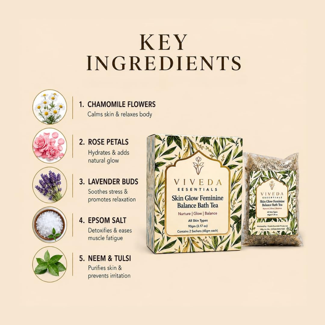 Viveda Essentials | Viveda Essentials Skin Glow & Feminine Balance Bath Tea | Organic Herbal Bath Soak for Hormonal Balance, Radiant Skin & Relaxation | Rose, Holy Basil & Shatavari | All Skin Types | 90g 3