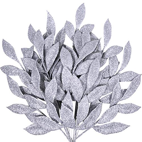 20 Pieces Artificial Silver Glitter Leaf Spray Leaf Picks 13