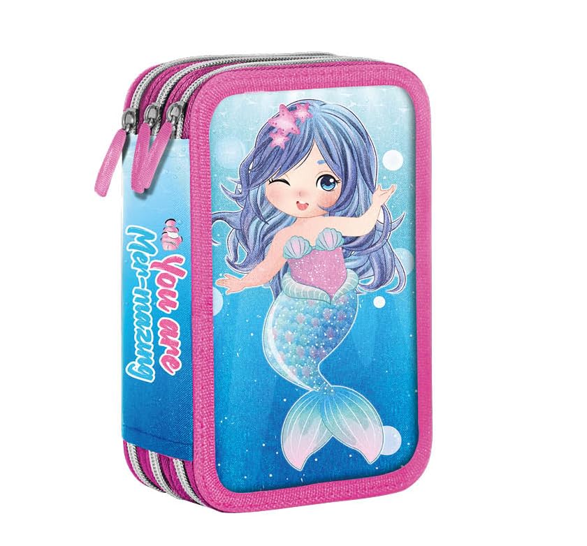 Giotto Turbo - Estuche de 3 cremalleras con diseño de sirenita Lovely Mermald ideal para niñas escolares de guardería primaria, azul turquesa, Estuche 3 cremallera