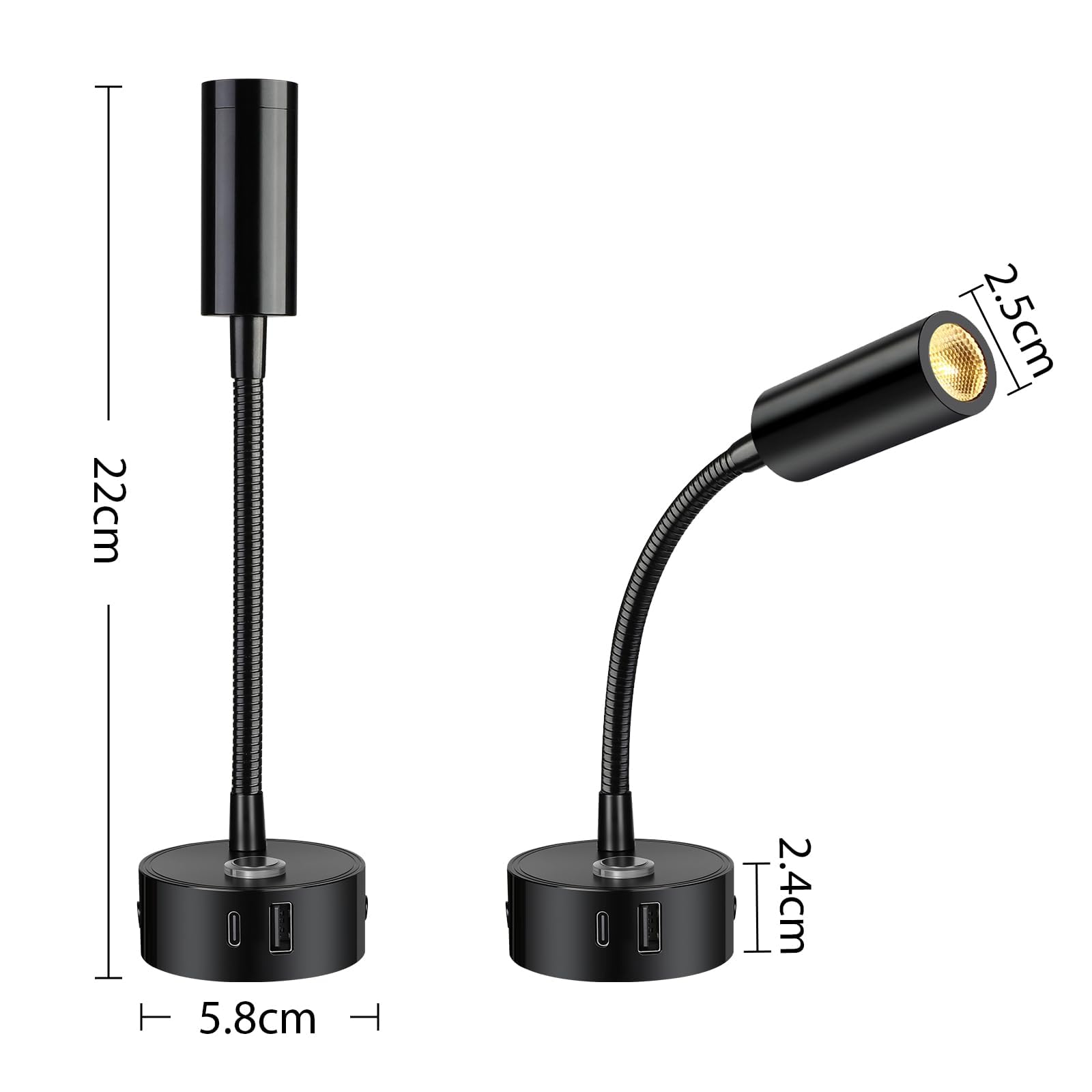 ERWEY 2 Częściowa Lampka do Czytania LED 12V do Kempingowych, ściemniana Dotykowo 3000K-6000K Regulacją Jasności, Nocna Gęsiej Szyi 360° Złączami USB A + C Oświetlenia Wnętrza łodzi Przyczep, Czarna