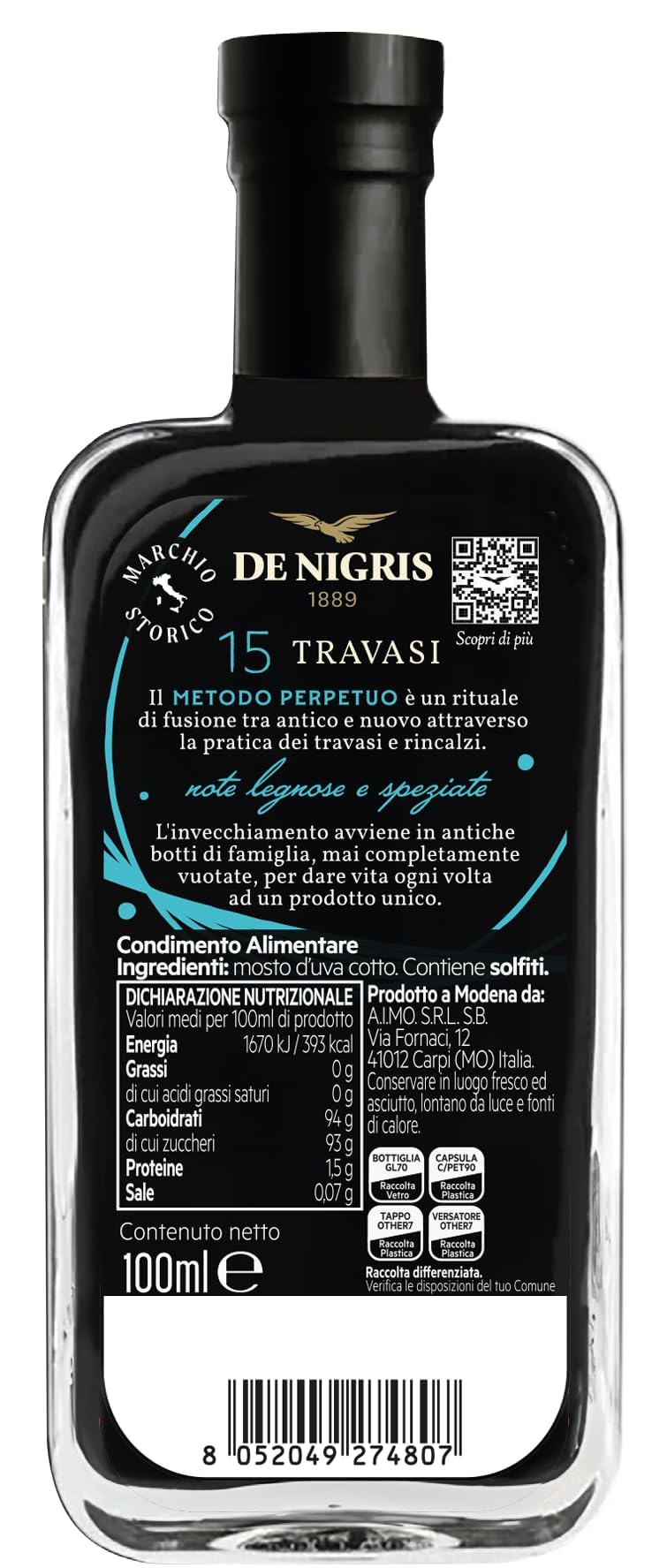 De Nigris 1889 Würzmittel 15 Travasi | Würzmittel auf Basis von gekochtem Traubenmost, gereift | Würzmittel, perfektes Gleichgewicht zwischen Eleganz und Frische, 100 ml
