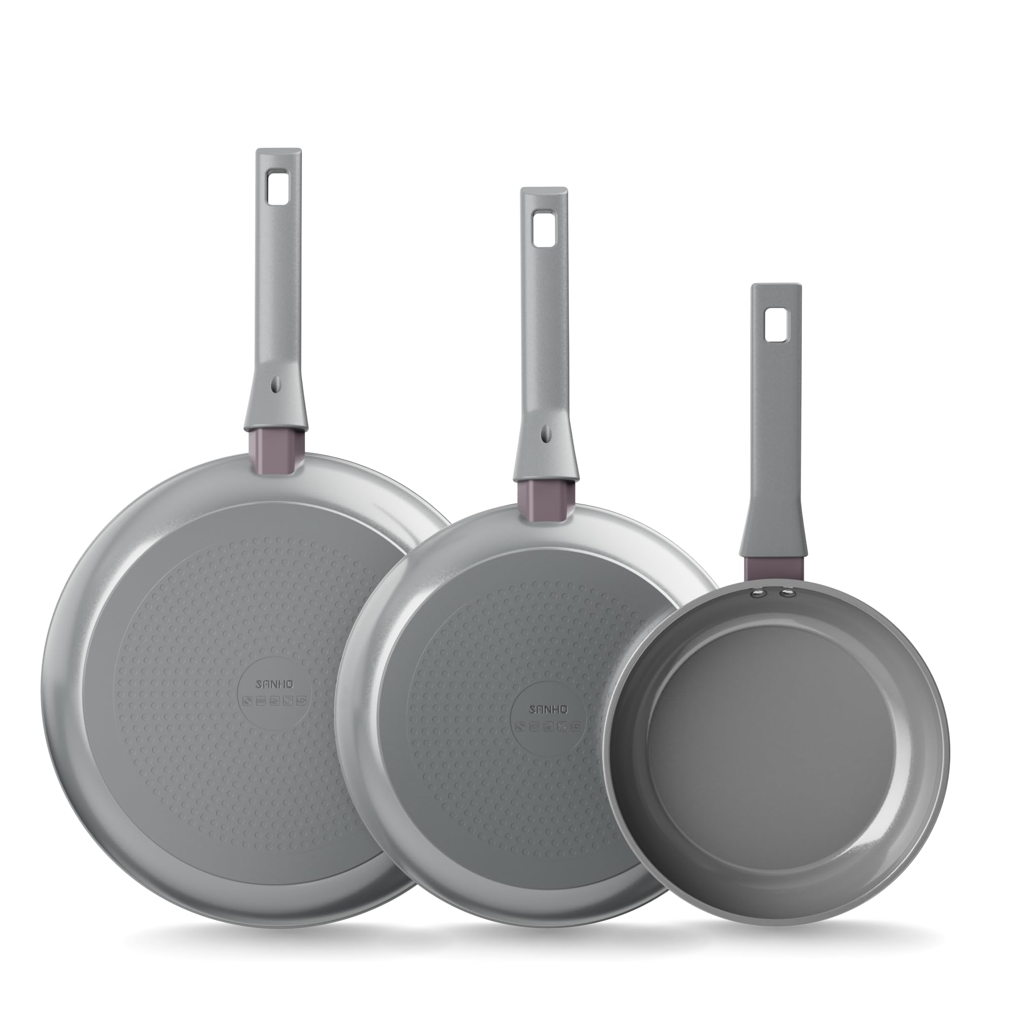 Sanho Set 3 poêles céramique 20/26/30cm | Revêtement diamant+titane antiadhésif | 100% sans PFAS/PFOA/PTFE | Toutes cuisinières | Manche bakélite anti-chaud, lave-vaisselle | Gris