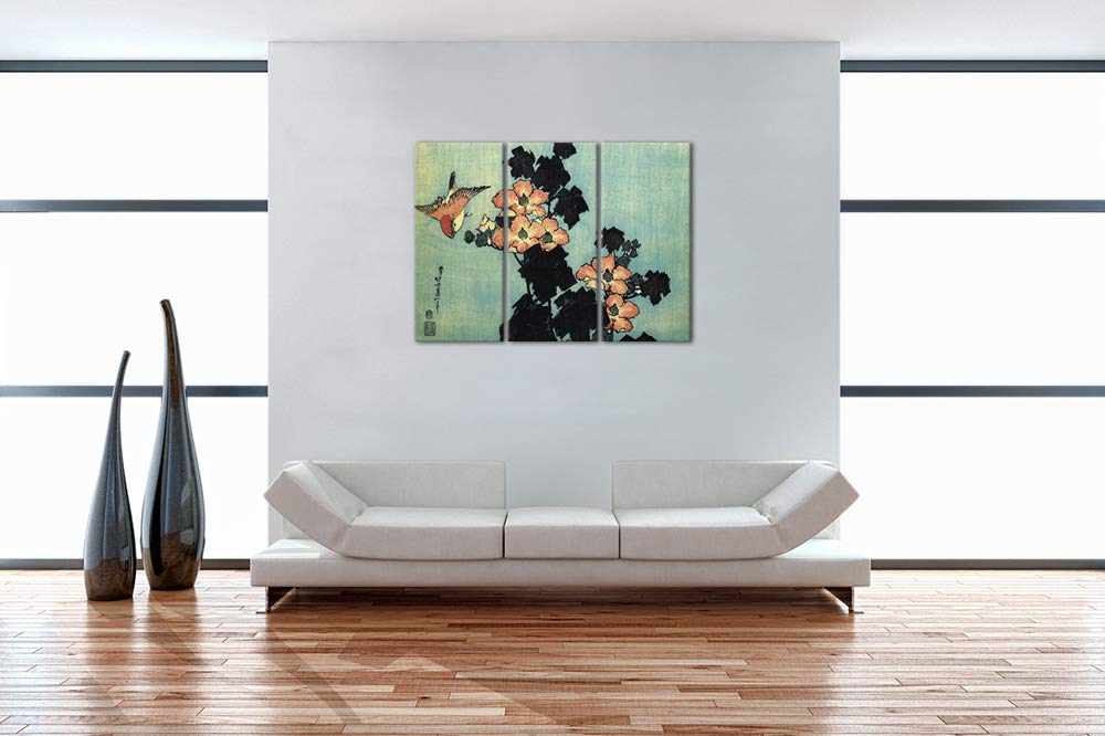 Bilderdepot24 Bild auf Leinwand | Katsushika Hokusai Hibiskus und Spatz in 120x80 cm mehrteilig als Wandbild XXL | Wand-deko Dekoration Wohnung alte Meister | 181095-120x80-3tlg