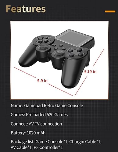Miniatura 5 de 8-bit 520 en 1 Classic Retro Games Handheld Gamepad Game Console - Pantalla de 2.5 pulgadas recargable AV TV Out 2 Player Gamepad (negro)