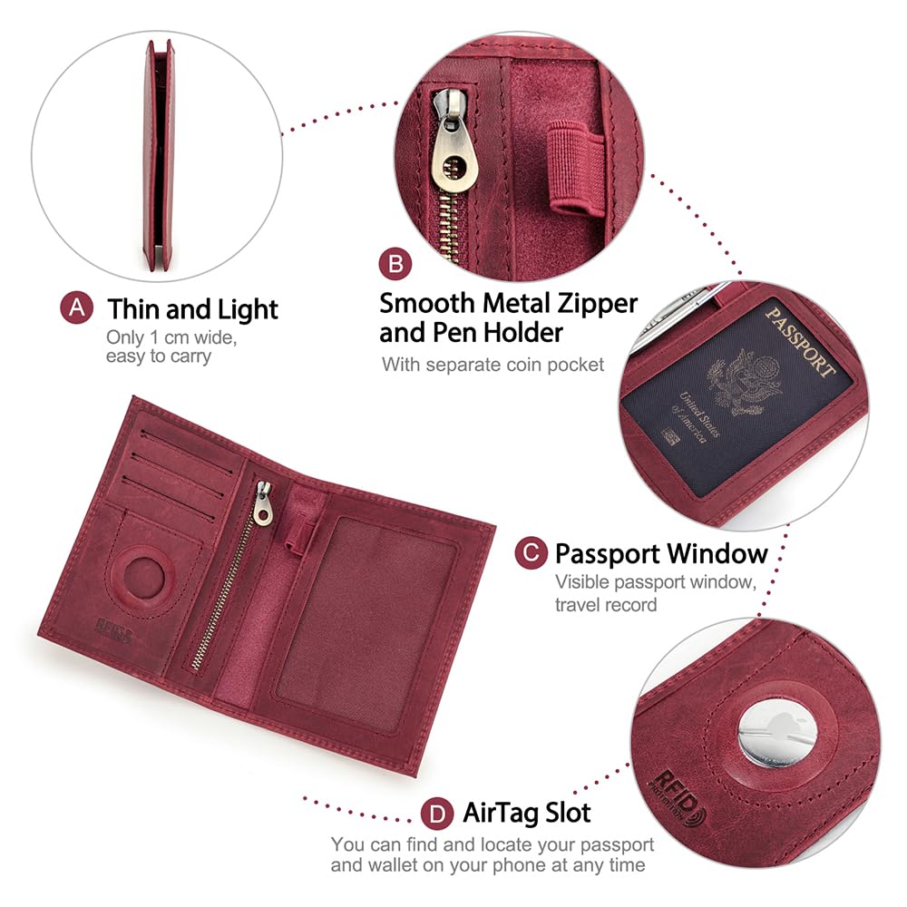 Contacts Funda delgada de piel auténtica para pasaporte Airtag, bloqueo RFID, cartera para pasaporte de viaje, Rojo vino, Vacía