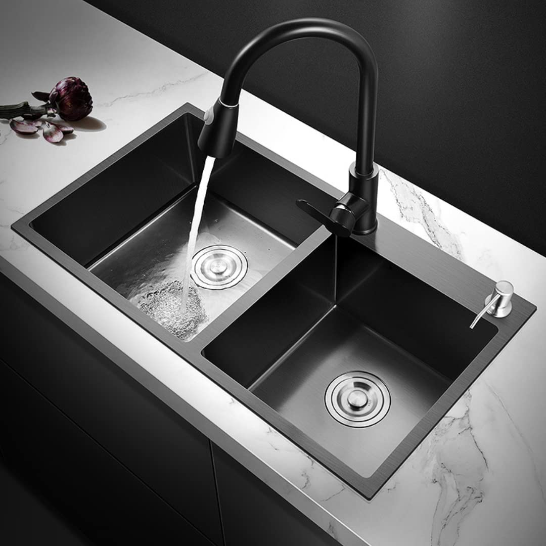 Evier de Cuisine en Acier Inoxydable Évier Double Bac avec 2 Trous de Montage Evier de Cuisine Kit, 78 * 43 * 20 cm (Noir)