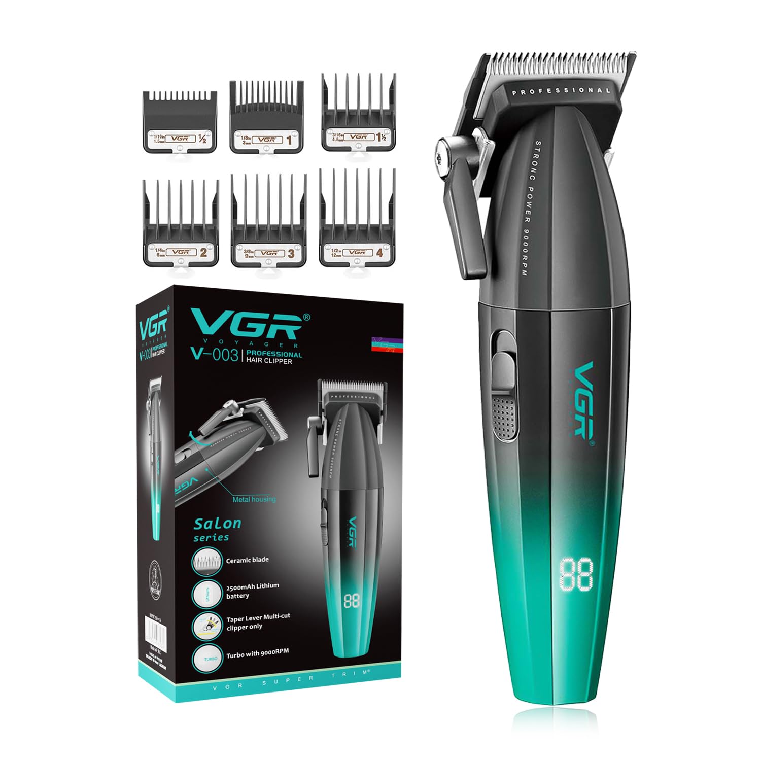VGR V-003 Professional Salon Quality Hair Clipper - High-Performance 9000 RPM Motor with Turbo Mode, 250-Minute Runtime, LED Display, and 6 Adjustable Guide Combs for Precision Grooming (Green,Black)-image-20
