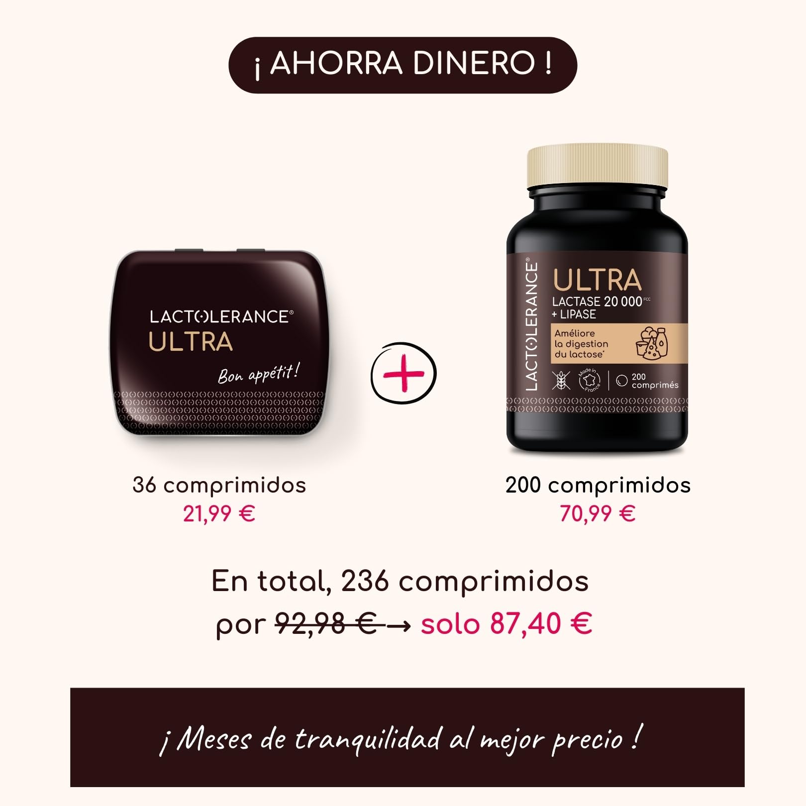 LACTOLERANCE ULTRA Lactasa 20.000 FCC, Lipasa 500 UI, 236 Pastillas
