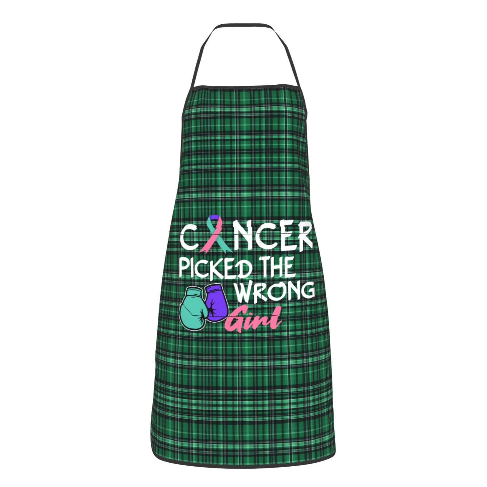 nopicsn Cancer Picked The Wrong Girl Thyroid Cancer Apron for cooking with Pockets Women Men Kitchen Chef Funny Aprons