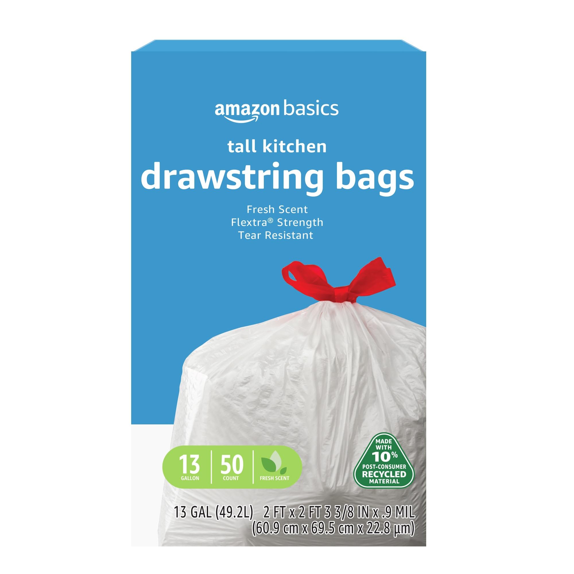 13 Gallon Flextra Strength Tall Kitchen Drawstring Trash Bags, Tear Resistant, Clean Fresh Scent, 10% Recycled Content, 50 Count