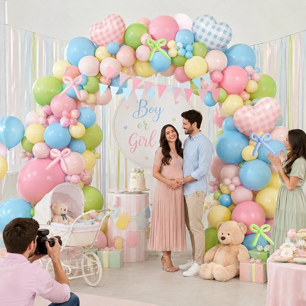 Kit de arco de globos rosa claro, verde, azul, doble relleno, amarillo pastel, rubor, rosa, globos de corazón con banderín, pancarta para baby shower, revelación de género, cumpleaños, decoración de