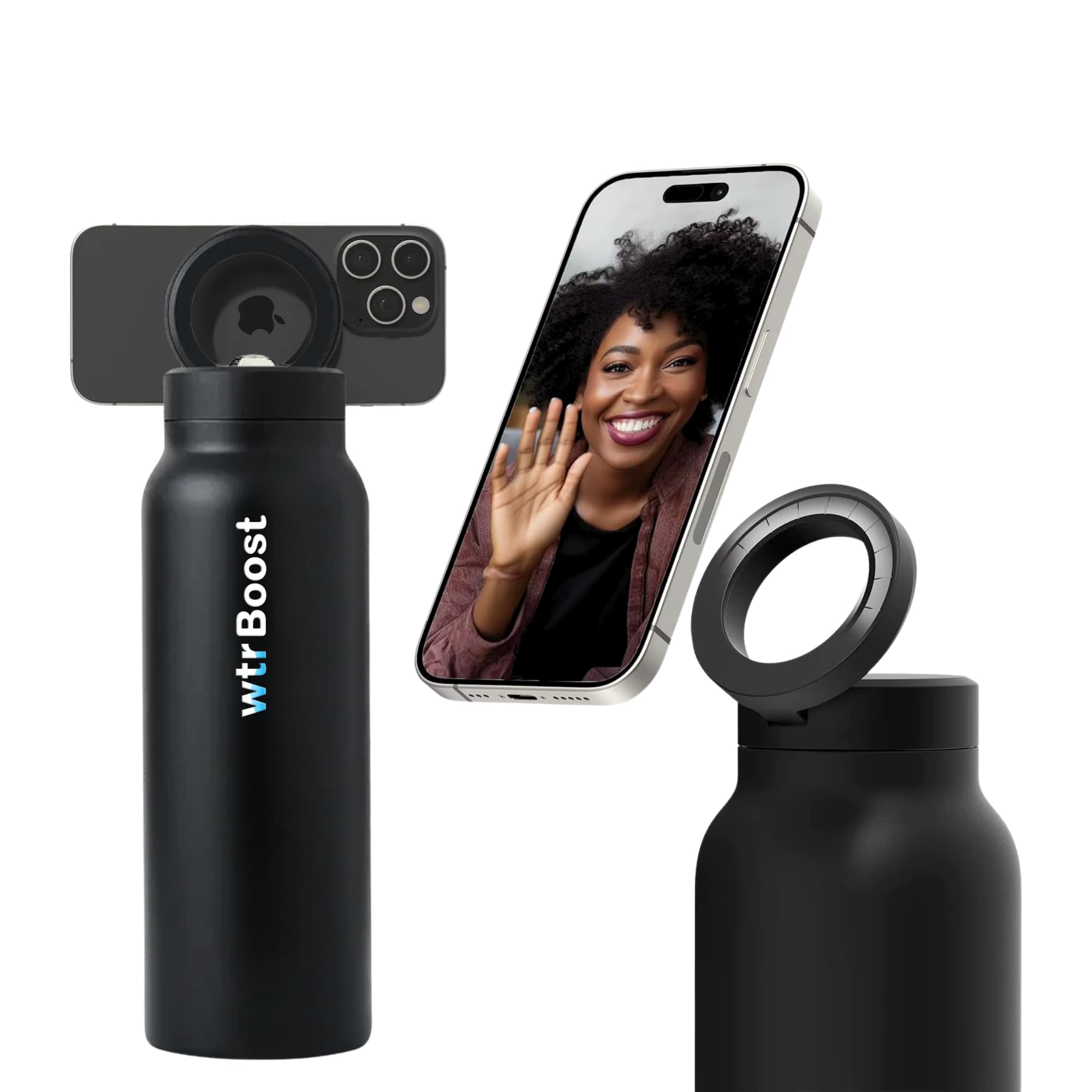 Black Insulated Stainless Steel Water Bottle with Mobile Holder - 500ml Flask for Hot or Cold Beverages, Stylish Gym Bottle, & Convenient Everyday Hydration