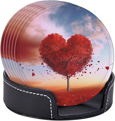 Miniatura 4 de Juego de 6 posavasos de cuero con forma de árbol de corazón, protección contra derrames para mesa, bonitos posavasos para tazas, resistentes al