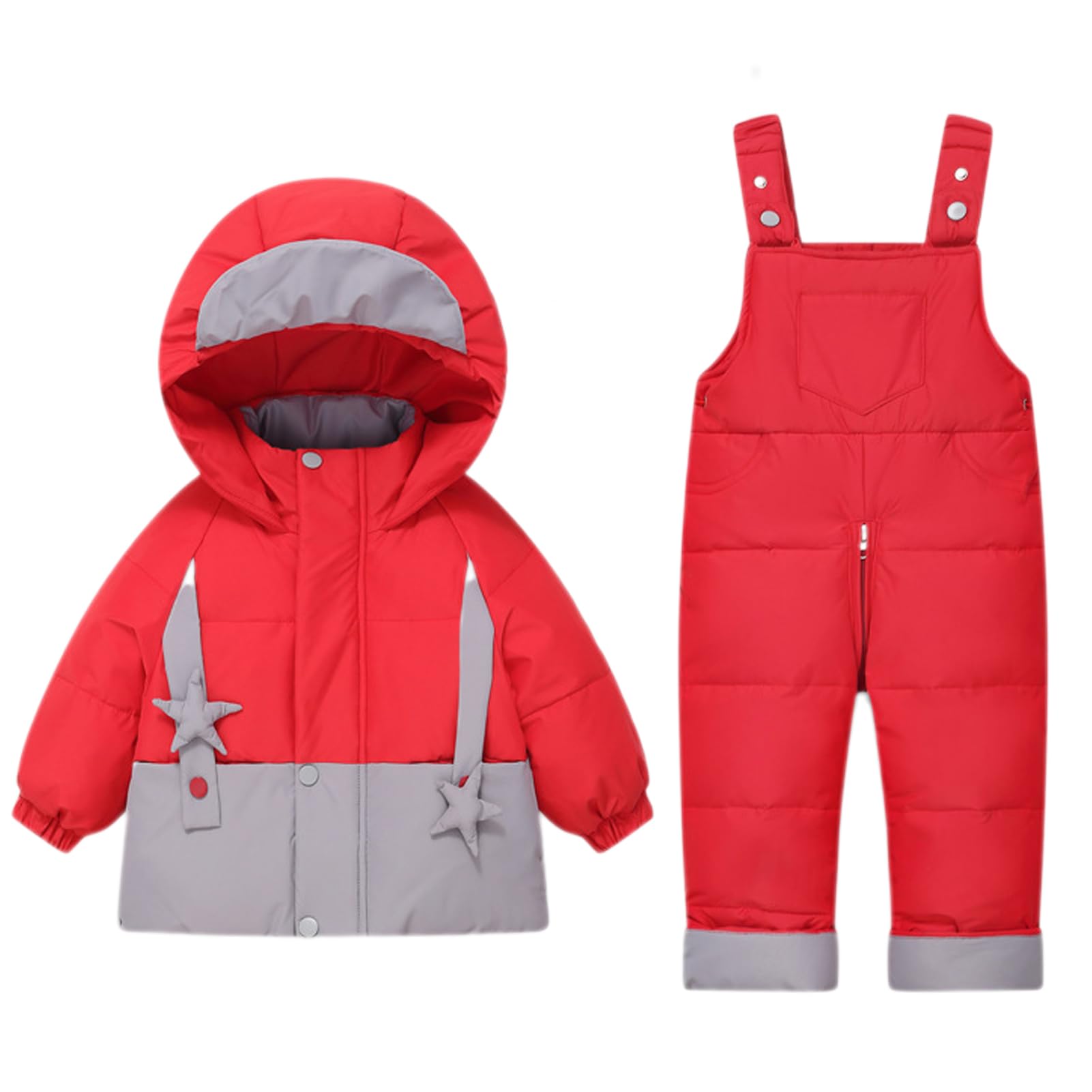 BRONG 2 Pezzi Bambino Tuta da Neve Inverno Bambini Giacca con Cappuccio Giù Cappotto Nevicare Pantaloni con Bretelle Impermeabile Cerniera Tute da Sci