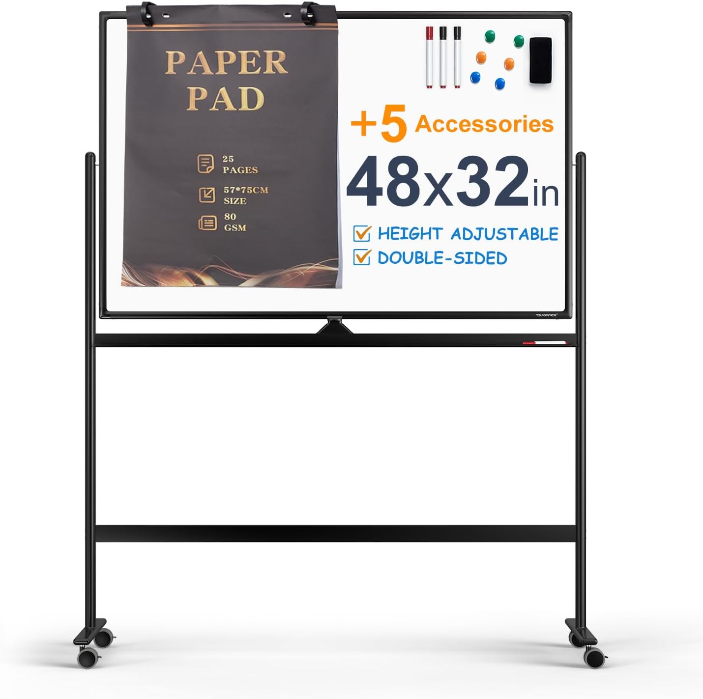 TSJ OFFICE Large Mobile Rolling Magnetic Whiteboard - 48 x 32 Inches Height Adjust Double Sides Portable White Board on Wheels, Dry Erase Board Easel with Stand for Home & Classroom