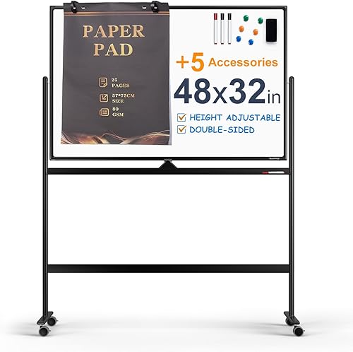 Pizarra Blanca Magnética Grande de Borrado en Seco con Rodillos - 48 x 32 Pulgadas Pizarra de Borrado en Seco con Soporte de Altura Ajustable de