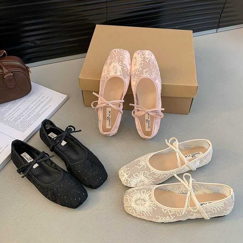 Women's Embroidery Lace Mesh Ballet Flats, Elegant Square Toe Flat Shoes for Party, Fashionable Daily Clothing Decor, Lightweight Breathable Comfortable Shoes for Women & Girls, Footwear - Image 2