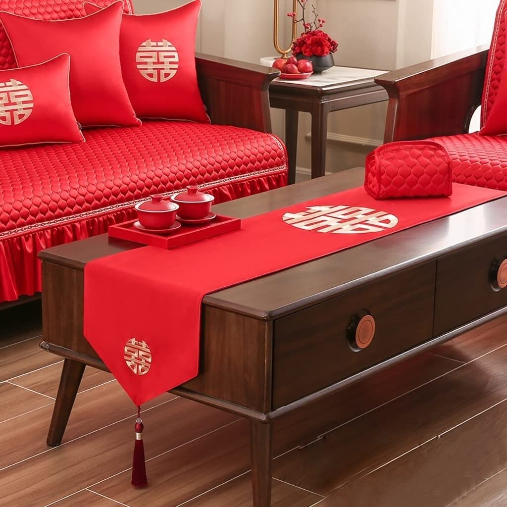 Landhausstil Tischläufer Küche Bestickter Tischläufer Rot Hochzeitstischläufer Festlich Wort Teetisch Tischdecke TV Thekentuch Tabletop Dekor(33X80CM)